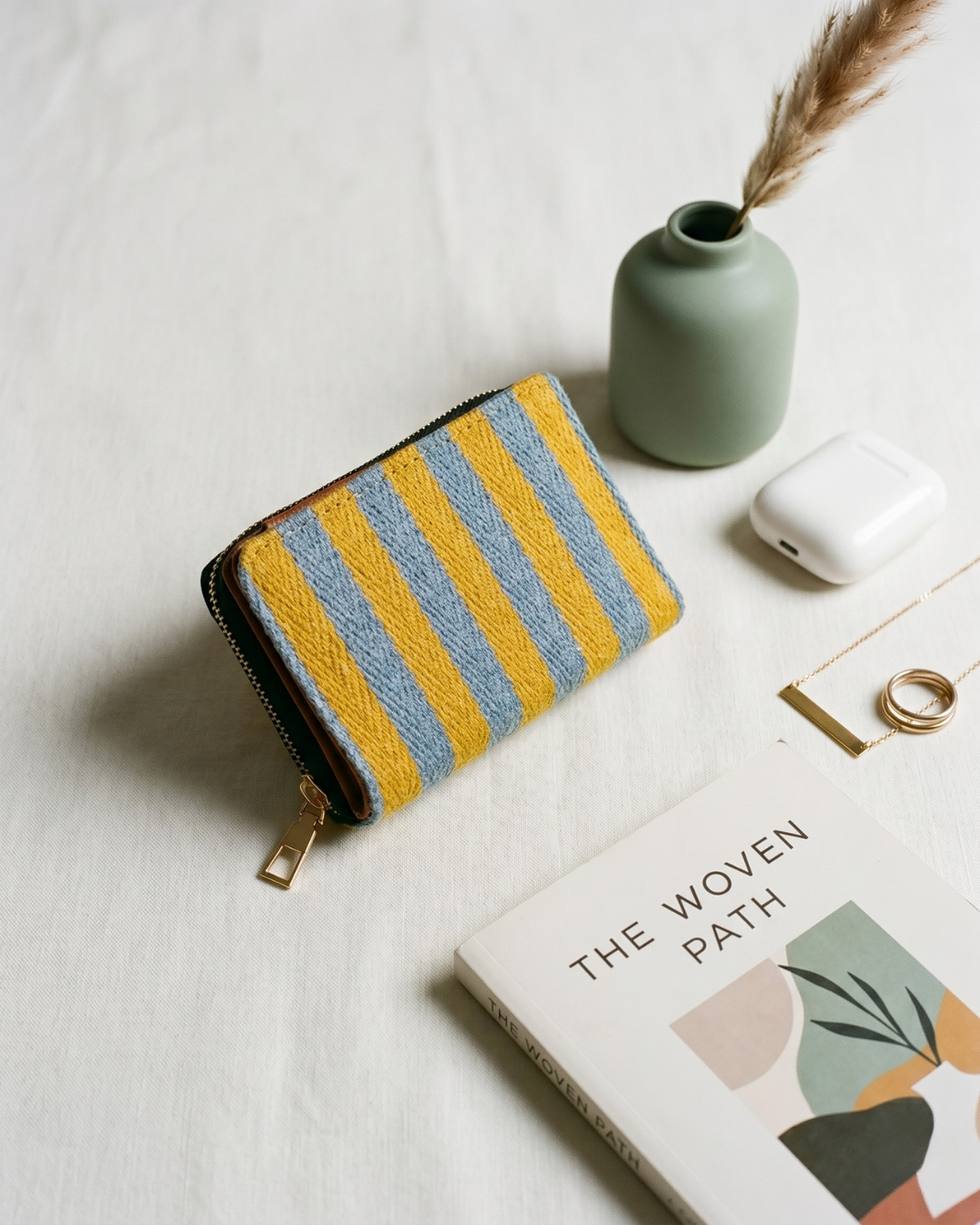 Jacquard Foldable Pocket Wallet For Women - Yellow Strips - Surovi Bags