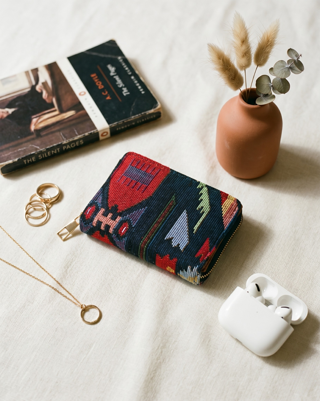 Jacquard Foldable Pocket Wallet For Women - Black Ikkat Weave - Surovi Bags