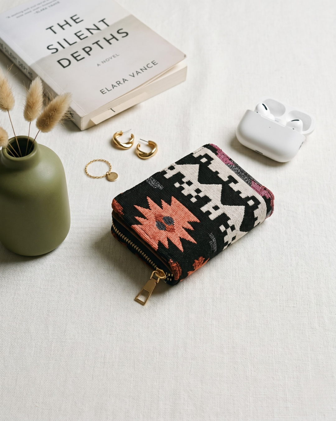 Jacquard Foldable Pocket Wallet For Women - Orange Tribal Weave