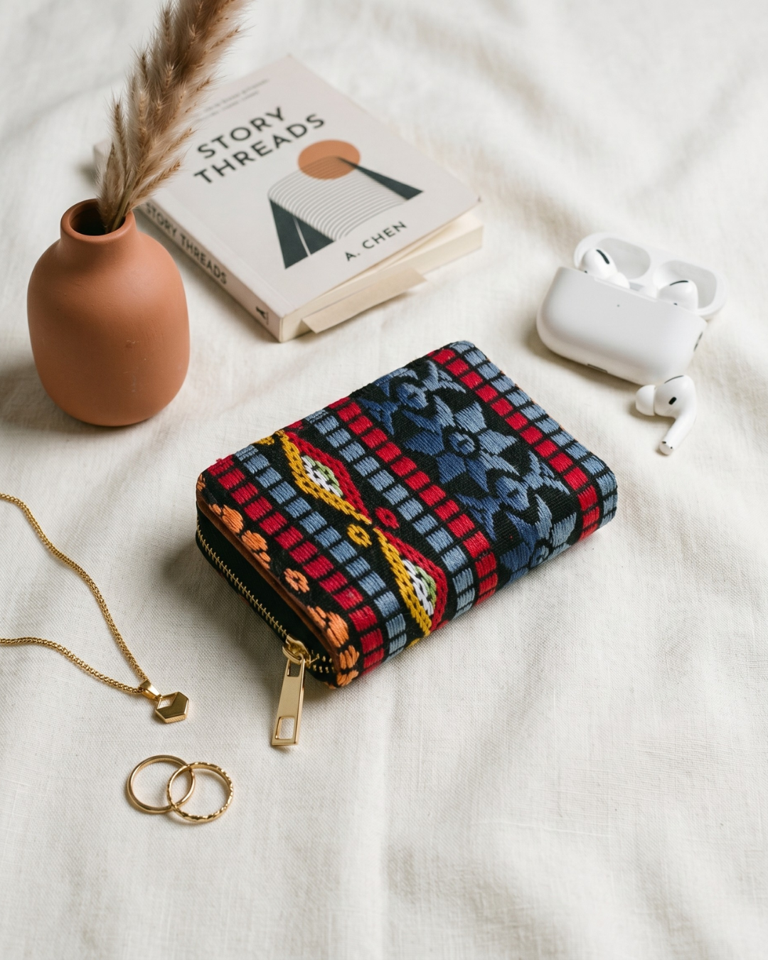 Jacquard Foldable Pocket Wallet For Women - Black Multicolor - Surovi Bags