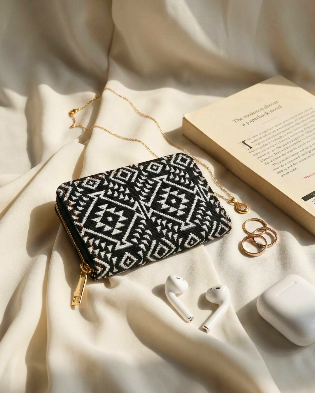 Jacquard Foldable Pocket Wallet For Women - Black Weave - Surovi Bags