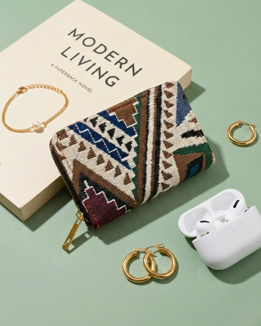 Jacquard Foldable Pocket Wallet For Women - Green Tribal Weave