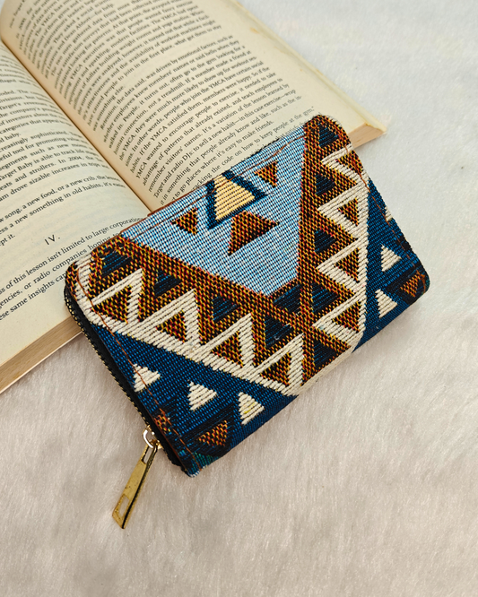 Jacquard Foldable Pocket Wallet For Women - Blue Tribal Weave