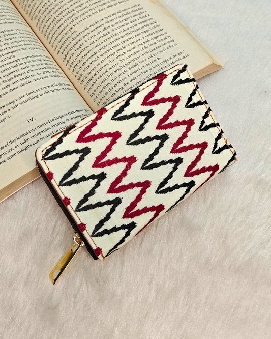 Foldable Pocket Wallet For Women - White Ikkat Weave