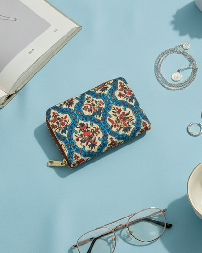 Jute Foldable Pocket Wallet For Women - Blue Motif