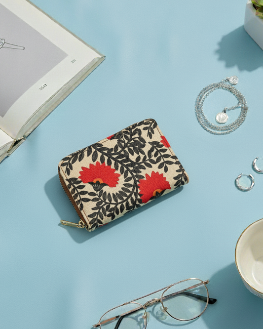 Jute Foldable Pocket Wallet For Women - Red Flower