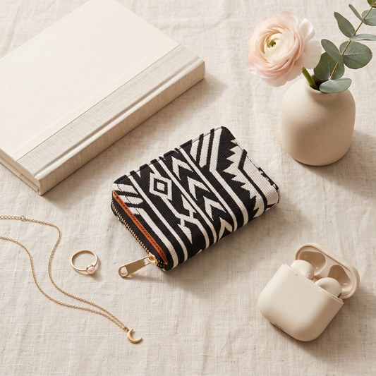 Jacquard Foldable Pocket Wallet For Women - Black and White Weave - Surovi Bags