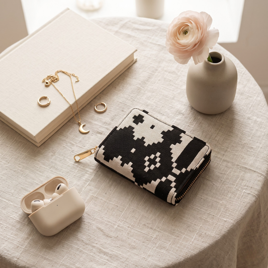 Jacquard Foldable Pocket Wallet For Women - Black Weave
