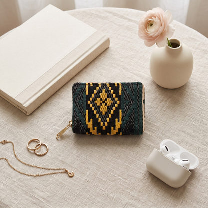Jacquard Foldable Pocket Wallet For Women - Green Tribal Weave