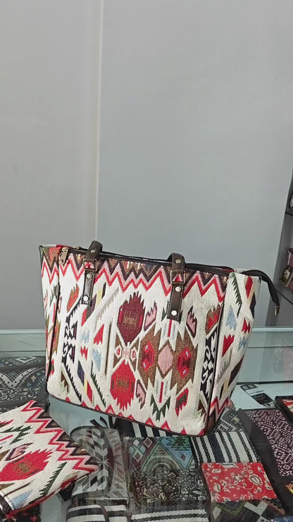 UT Jacquard 3-Partition Tote Bag with Free Phone Pouch - Multi Color Tribal