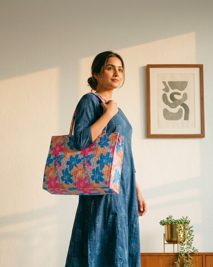 Premium Quilted Box Tote Bag - Blue - Surovi Bags