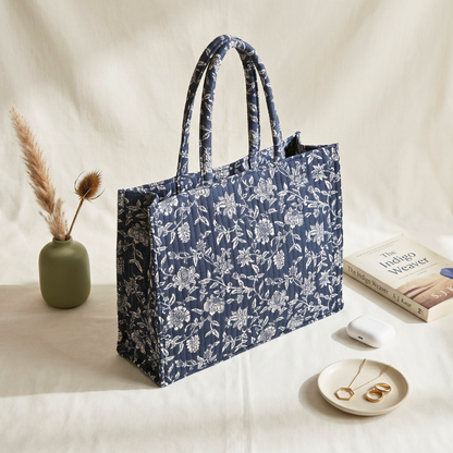 Premium Quilted Box Tote Bag - Black Floral - Surovi Bags