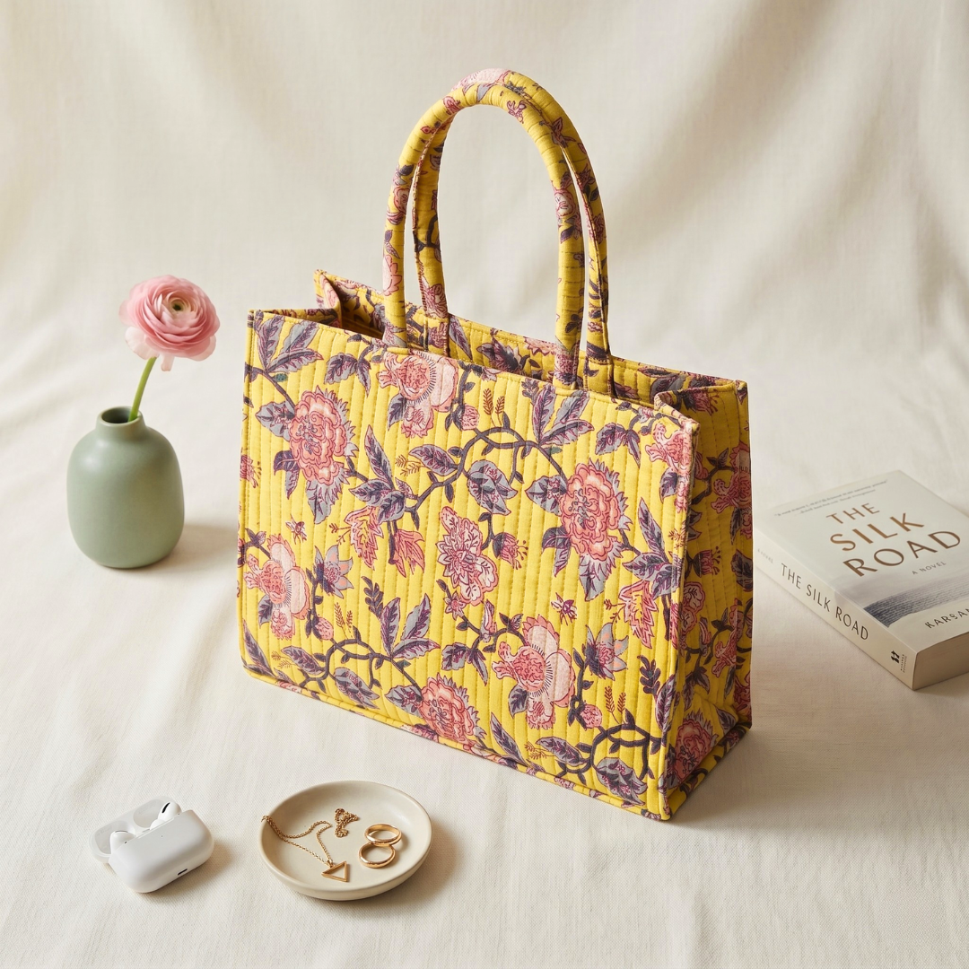Premium Quilted Box Tote Bag - Yellow - Surovi Bags