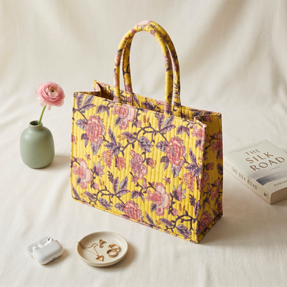 Premium Quilted Box Tote Bag - Yellow - Surovi Bags