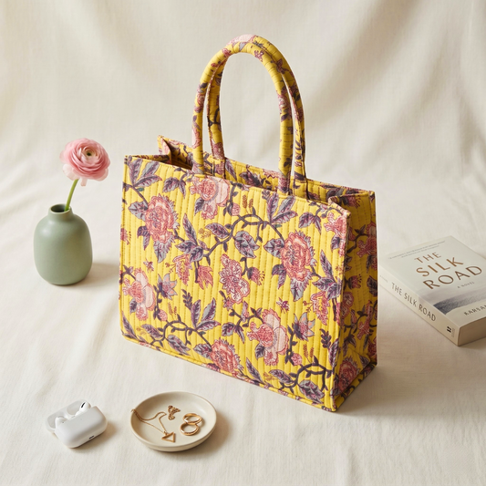 Premium Quilted Box Tote Bag - Yellow - Surovi Bags