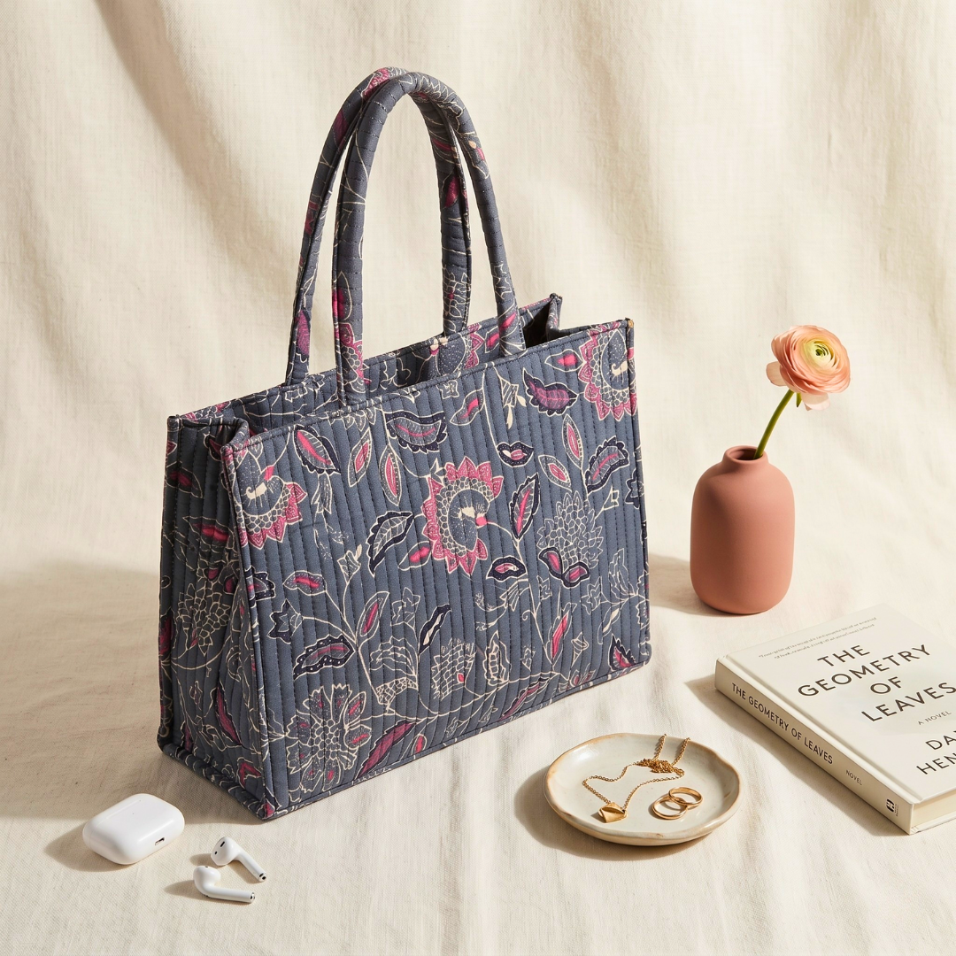 Premium Quilted Box Tote Bag - Grey - Surovi Bags