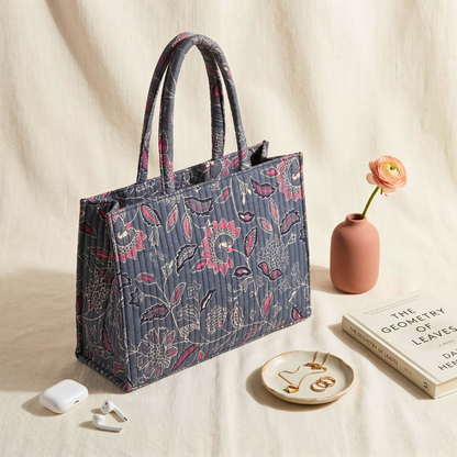 Premium Quilted Box Tote Bag - Grey - Surovi Bags
