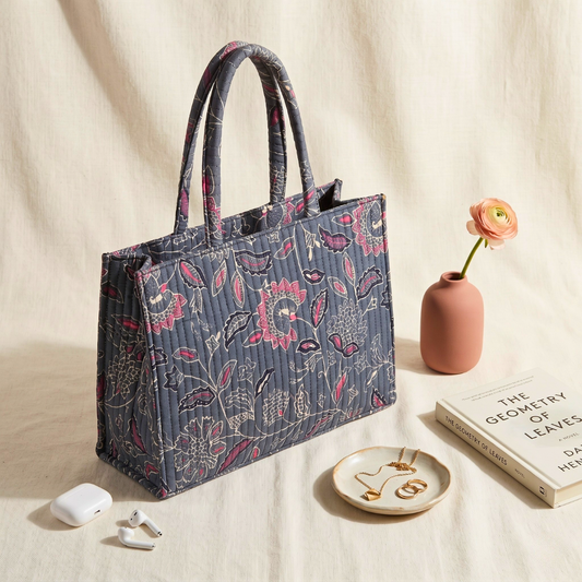 Premium Quilted Box Tote Bag - Grey - Surovi Bags