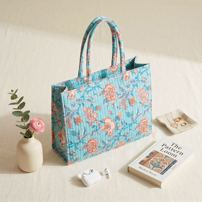 Premium Quilted Box Tote Bag - Kalamkari - Surovi Bags