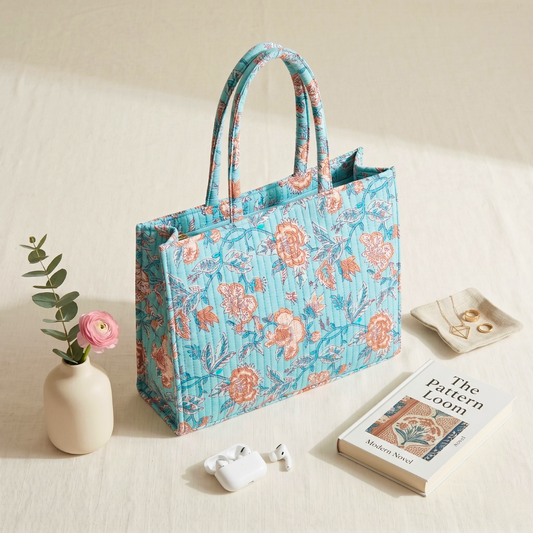 Premium Quilted Box Tote Bag - Kalamkari - Surovi Bags