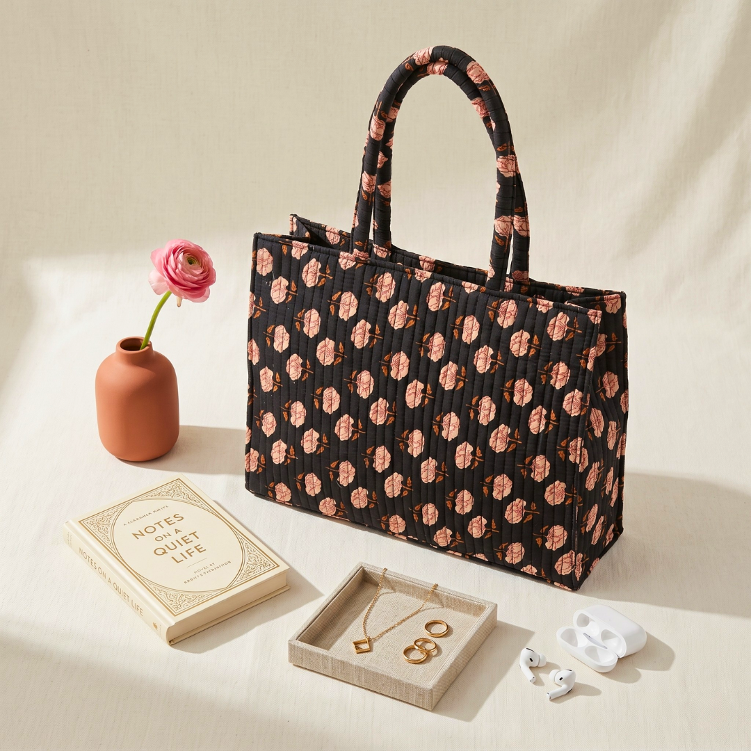 Premium Quilted Box Tote Bag - Black - Surovi Bags