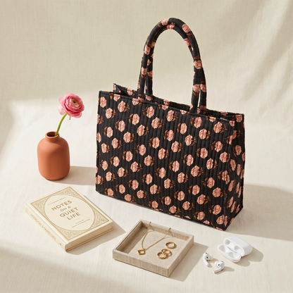 Premium Quilted Box Tote Bag - Black - Surovi Bags