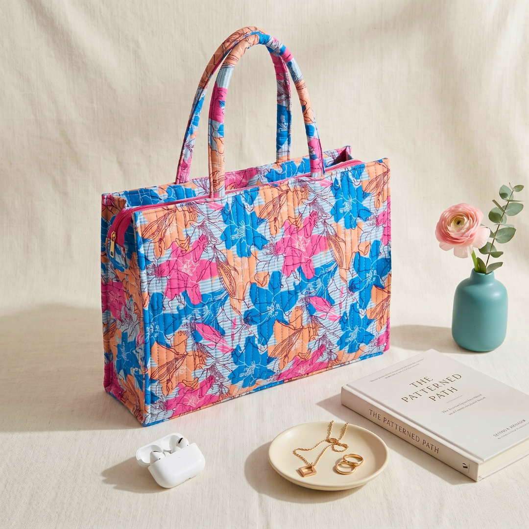 Premium Quilted Box Tote Bag - Blue - Surovi Bags