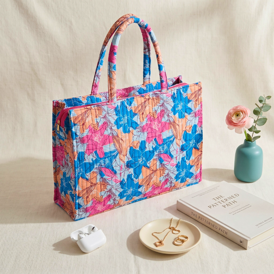 Premium Quilted Box Tote Bag - Blue - Surovi Bags