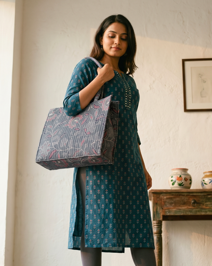Premium Quilted Box Tote Bag - Grey - Surovi Bags