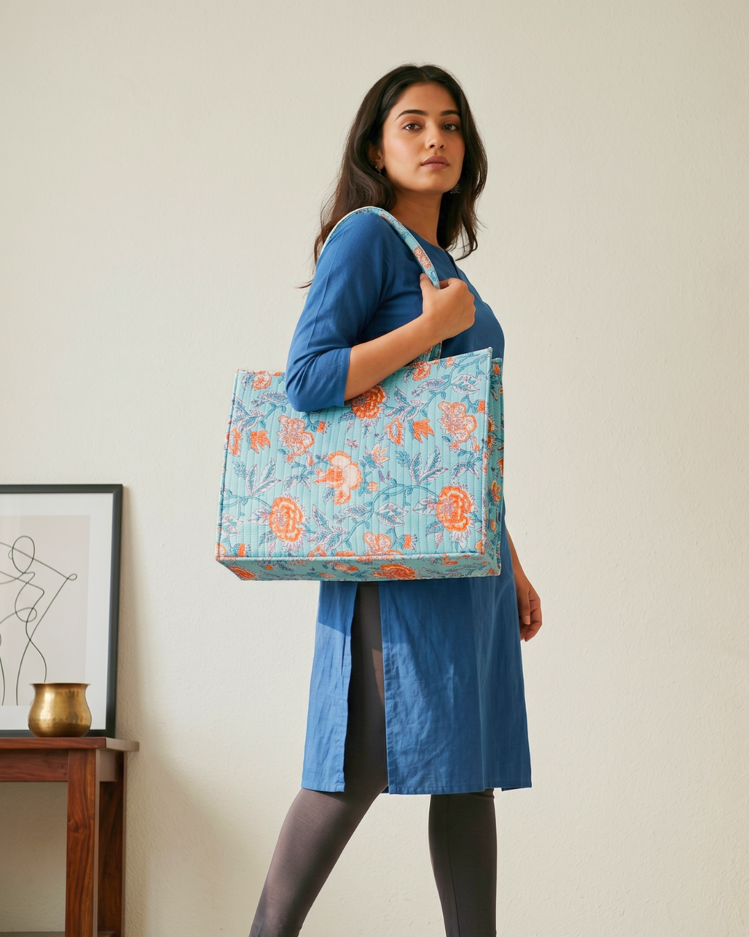 Premium Quilted Box Tote Bag - Kalamkari - Surovi Bags