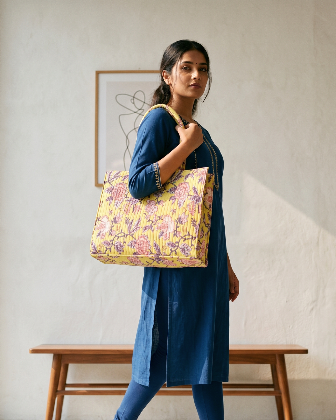Premium Quilted Box Tote Bag - Yellow - Surovi Bags