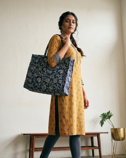 Premium Quilted Box Tote Bag - Black Floral - Surovi Bags