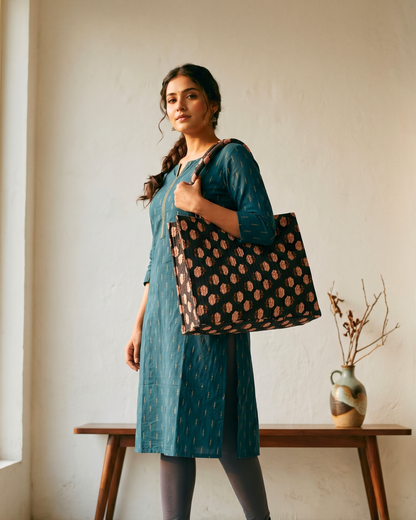 Premium Quilted Box Tote Bag - Black - Surovi Bags