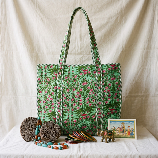Quilted Jaipuri Tote Bag - Pink Butti - Surovi Bags