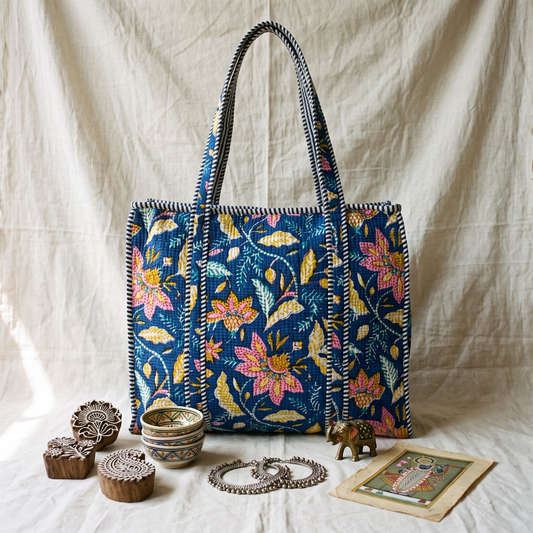 Quilted Jaipuri Tote Bag - Blue - Surovi Bags