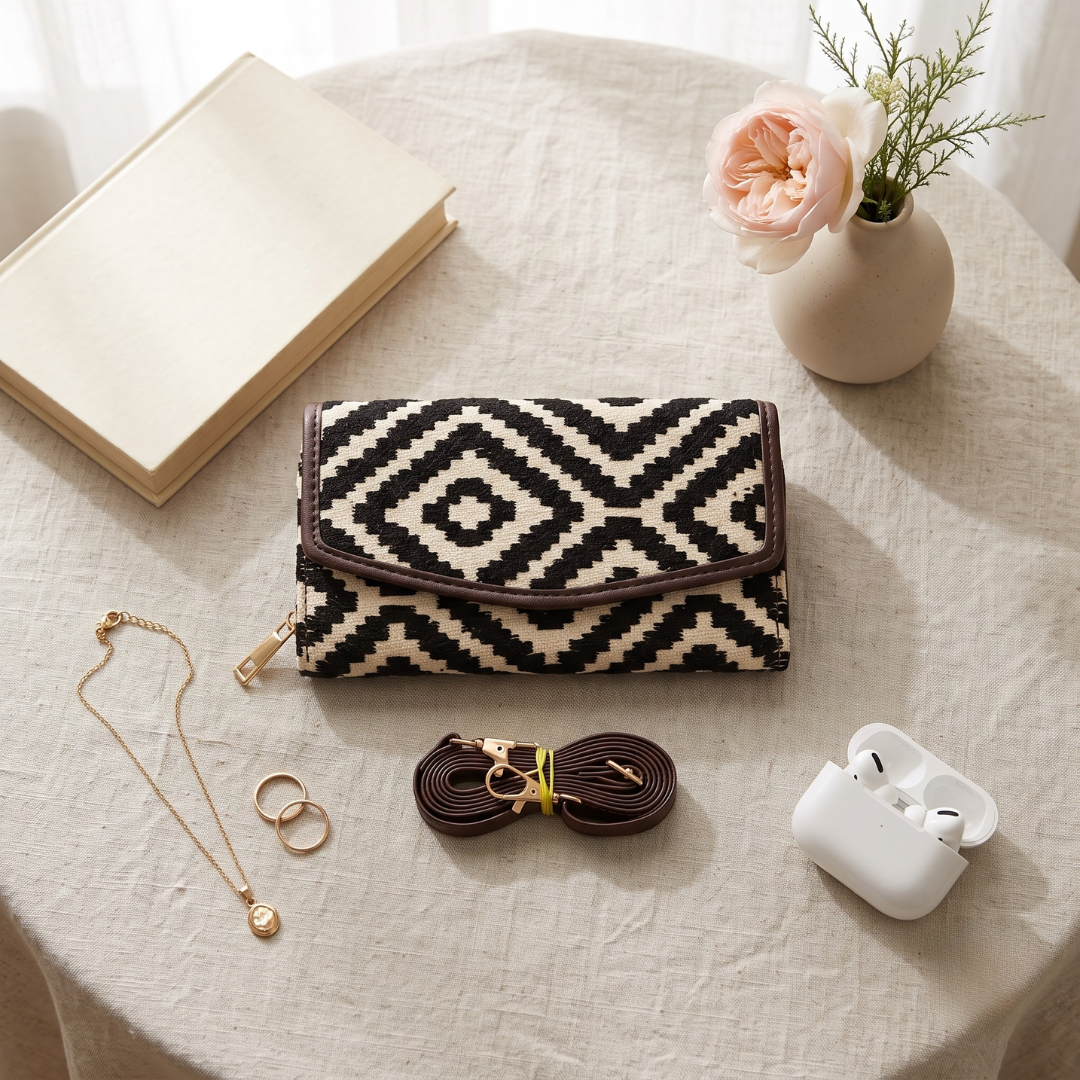 Stylish and Compact Jacquard Sling Wallet - Black Weave