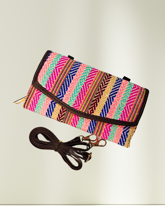 Stylish and Compact Jacquard Sling Wallet - Rainbow Strips - Surovi Bags