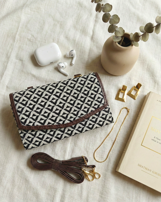 Stylish and Compact Jacquard Sling Wallet - Monochrome Checks - Surovi Bags