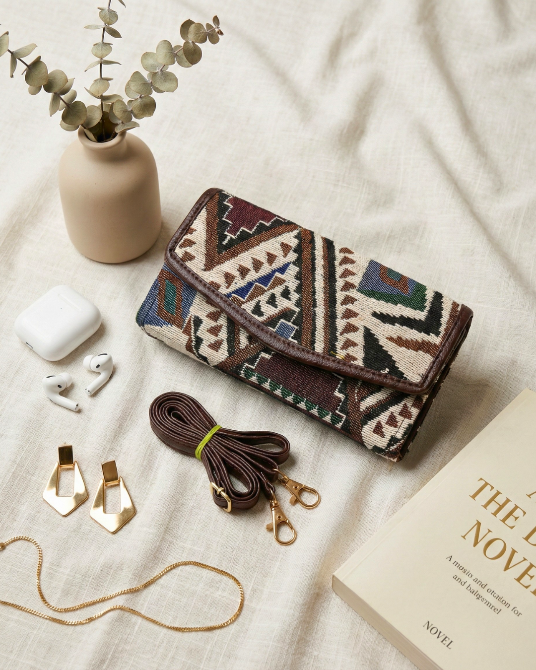 Stylish and Compact Jacquard Sling Wallet - Blue and White Wave - Surovi Bags