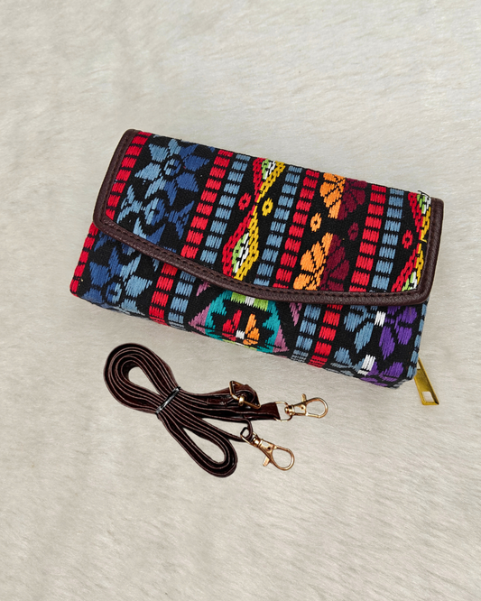Stylish and Compact Jacquard Sling Wallet - Multi Color Black