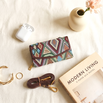 Stylish and Compact Jacquard Sling Wallet - Green Weave