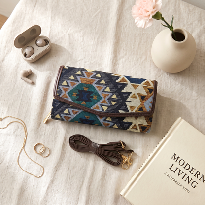 Stylish and Compact Jacquard Sling Wallet - Blue Tribal Weave