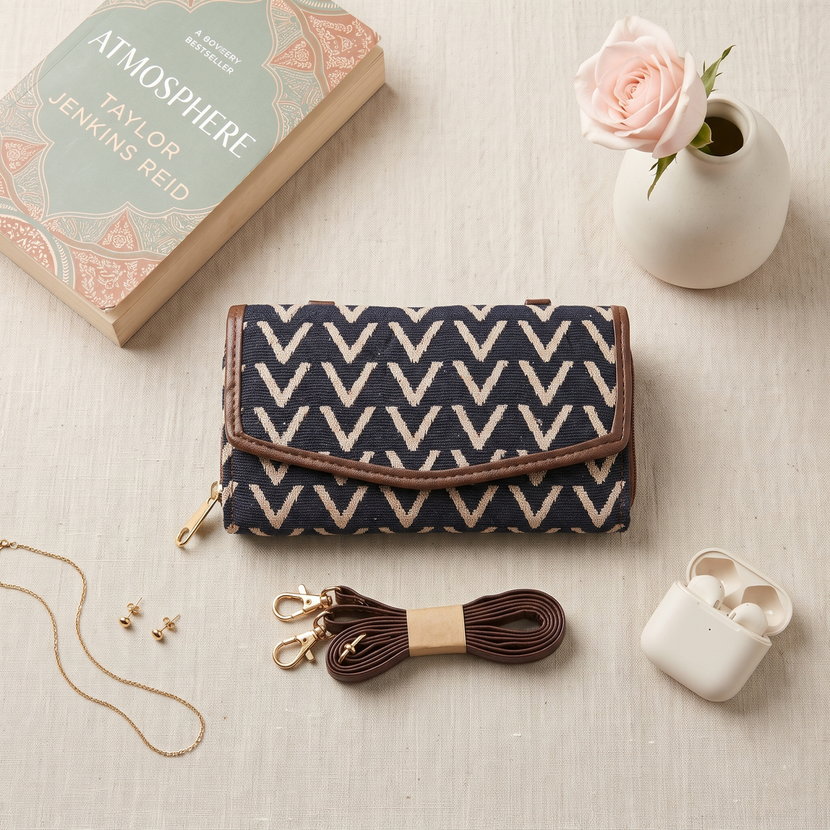 Stylish and Compact Jacquard Sling Wallet - Beige