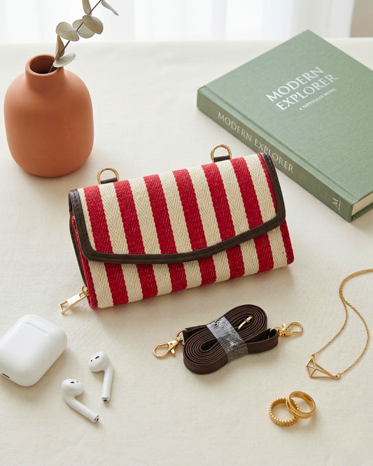 Stylish and Compact Jacquard Sling Wallet - Red Strips - Surovi Bags