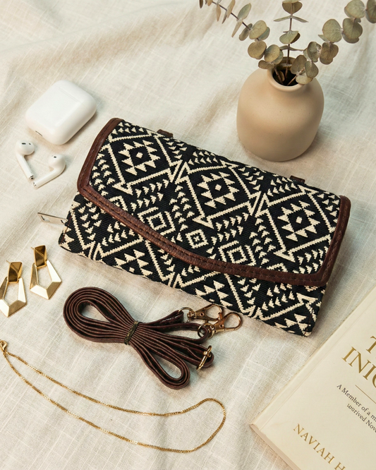 Stylish and Compact Jacquard Sling Wallet - Monocrome Weave - Surovi Bags