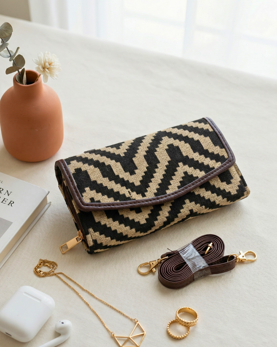 Stylish and Compact Jacquard Sling Wallet - Black and White Weave - Surovi Bags