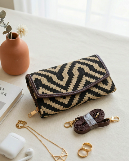Stylish and Compact Jacquard Sling Wallet - Black and White Weave - Surovi Bags