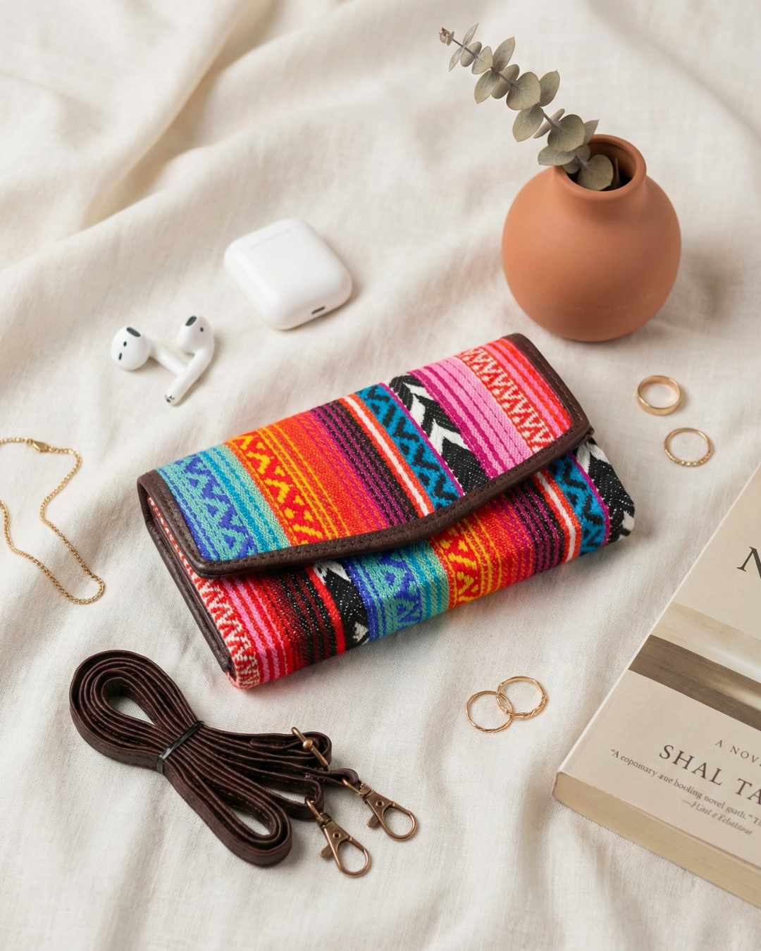 Stylish and Compact Jacquard Sling Wallet - Rainbow Strips - Surovi Bags