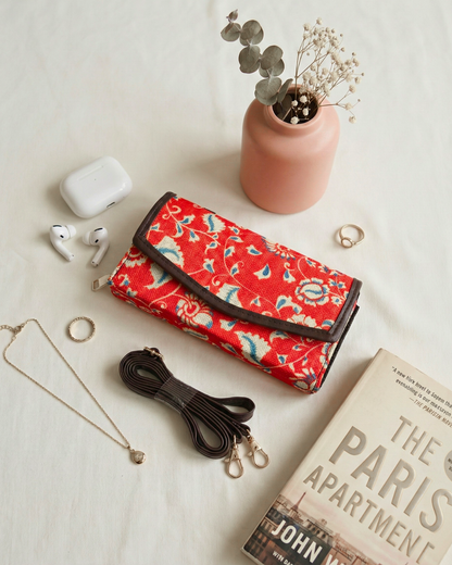 Stylish and Compact Sling Wallet - Red Kalamkari - Surovi Bags