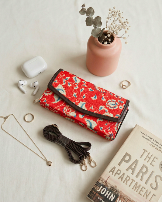 Stylish and Compact Sling Wallet - Red Kalamkari - Surovi Bags